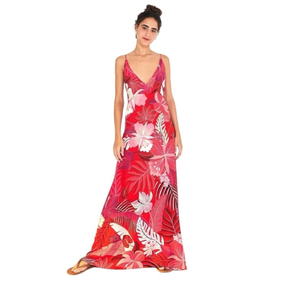 Farm Rio xs Philipa maxi dress Tropical Red Pink women's party Hawaiian resort